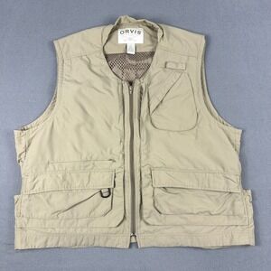 Orvis Vest Mens 2XL Fishing Hunting Vented‎ Full Zip Khaki Pockets Vintage Mesh